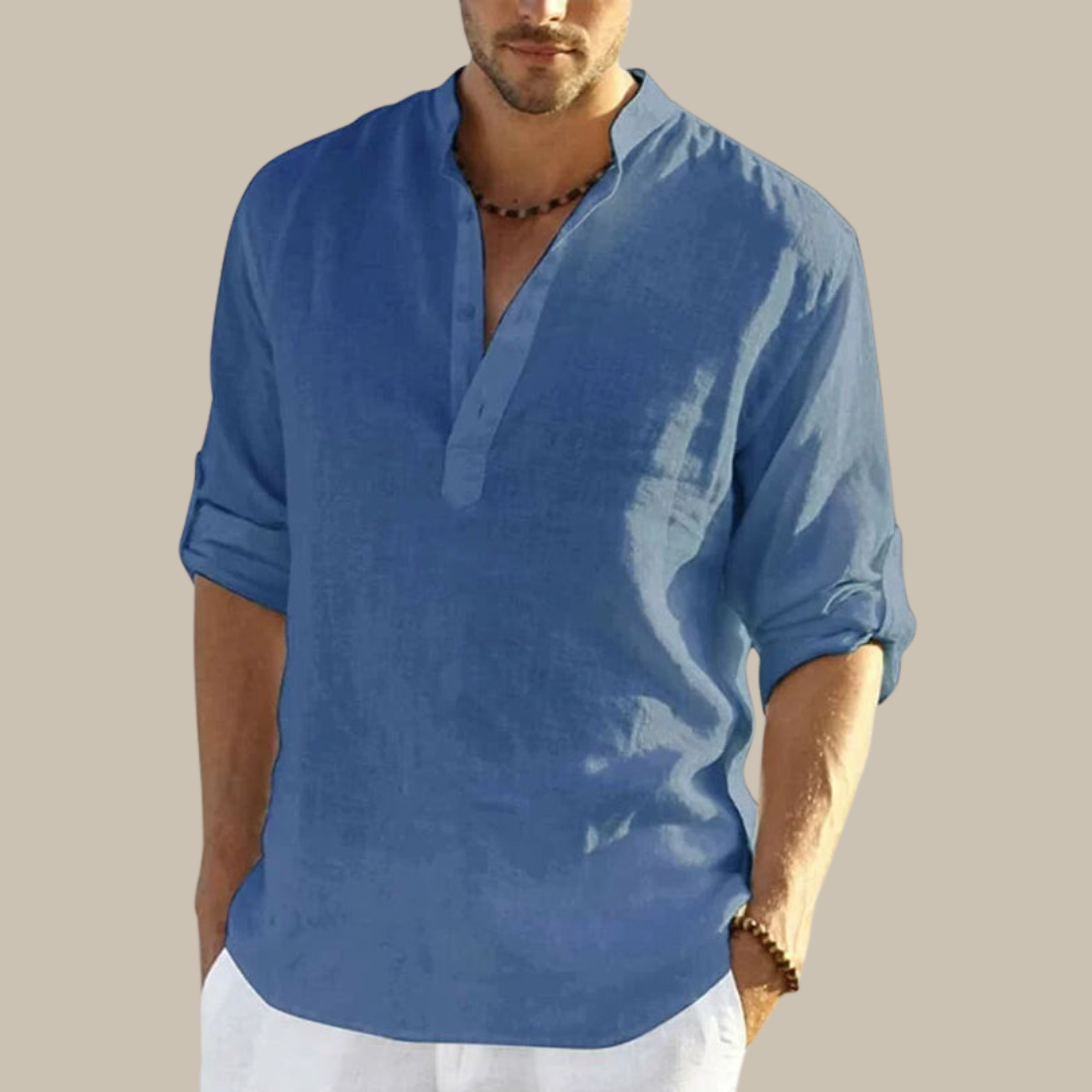 Men's Classic V-Neck Shirt with Stylish Mandarin Collar for Summer Wear
