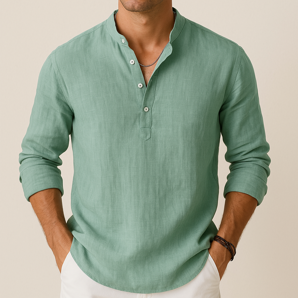 Men's Linen Look Summer Shirt – Lightweight V-Neck Shirt for Summer
