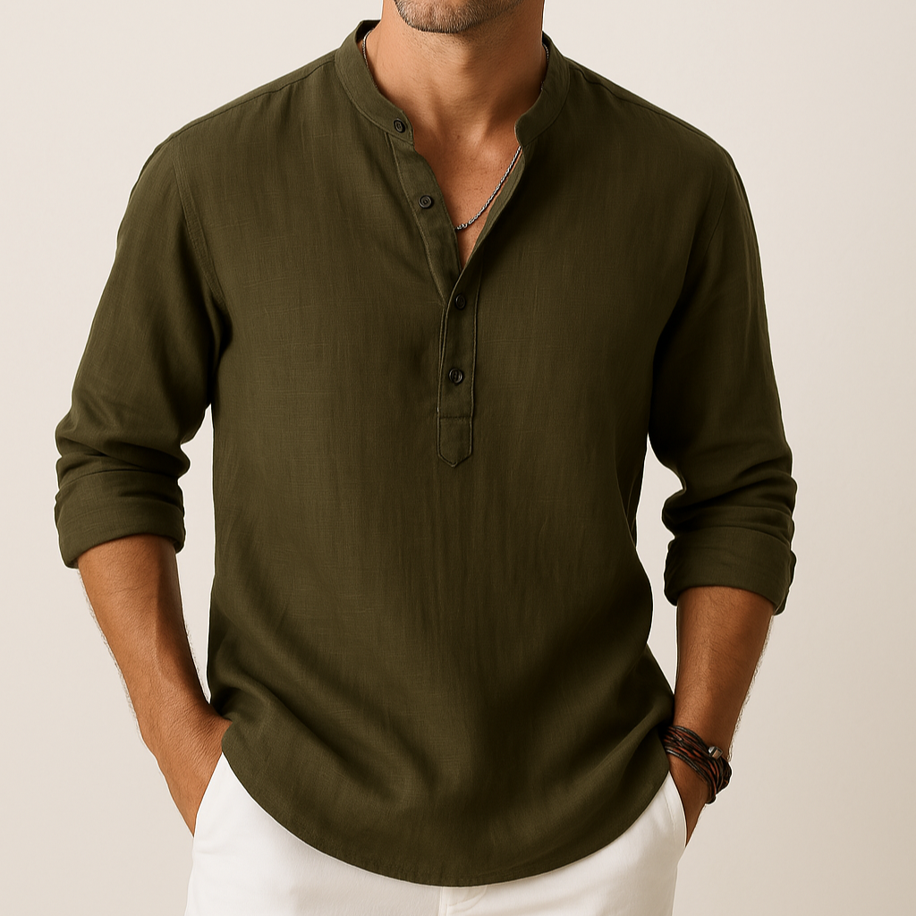 Men's Linen Look Summer Shirt – Lightweight V-Neck Shirt for Summer