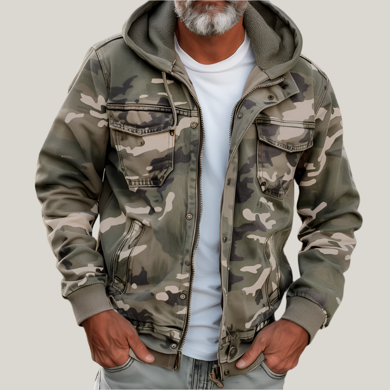 Hugo's Denim Jacket | Men's Camouflage Cargo Jacket - With Hood and Multi-Pocket Design