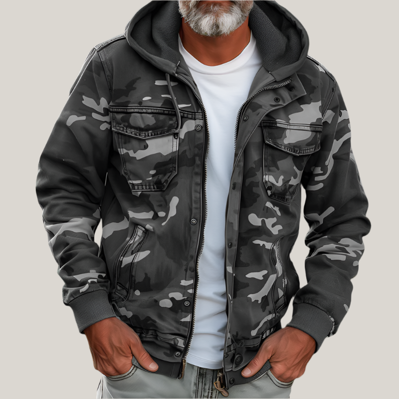 Hugo's Denim Jacket | Men's Camouflage Cargo Jacket - With Hood and Multi-Pocket Design