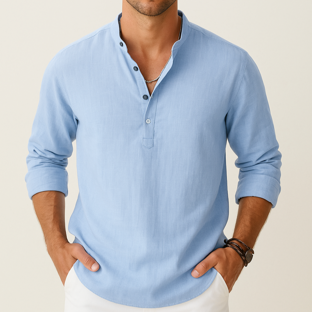 Men's Linen Look Summer Shirt – Lightweight V-Neck Shirt for Summer