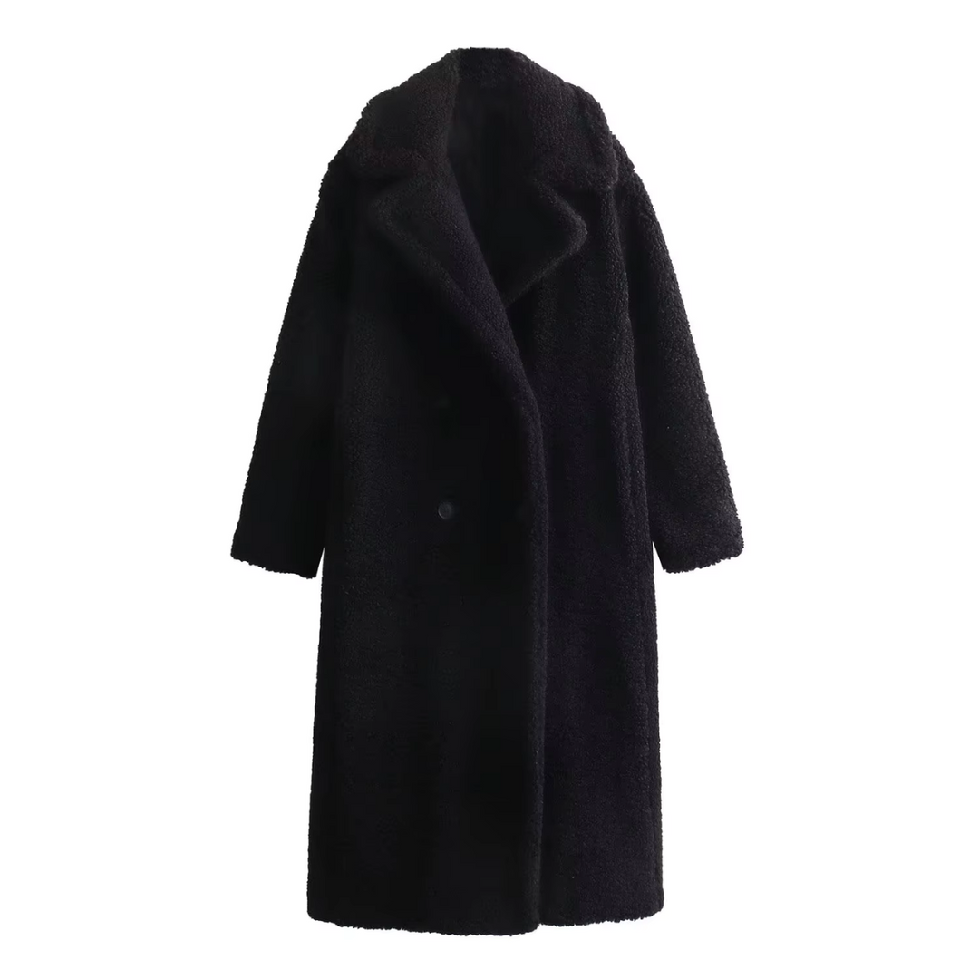 Women's Long Fleece Jacket for Cold Days - Stylish Stand Collar Winter Coat