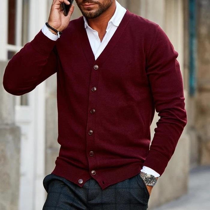 Men's Cardigan - Casual V-Neck Cardigan with Buttons