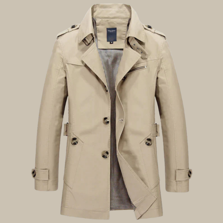Men's Long Coat - Classic Trenchcoat with High Collar and Buttons