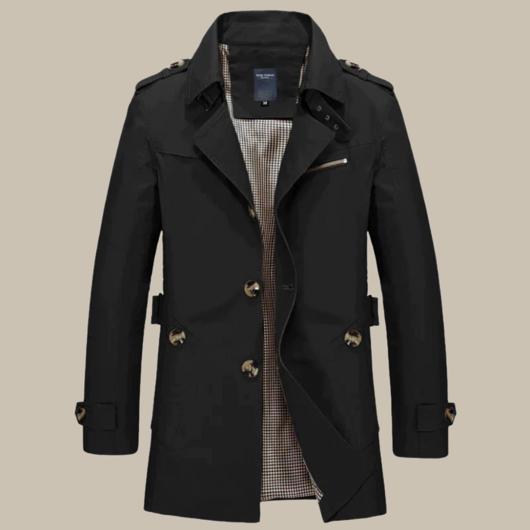 Men's Long Coat - Classic Trenchcoat with High Collar and Buttons