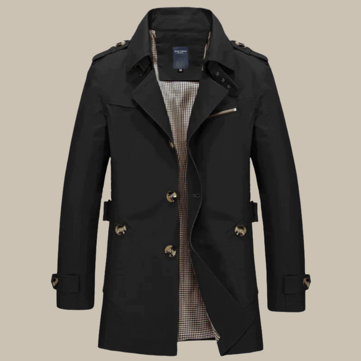 Men's Long Coat - Classic Trenchcoat with High Collar and Buttons