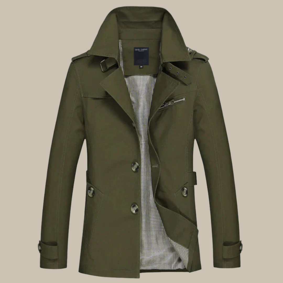 Men's Long Coat - Classic Trenchcoat with High Collar and Buttons