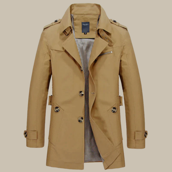 Men's Long Coat - Classic Trenchcoat with High Collar and Buttons