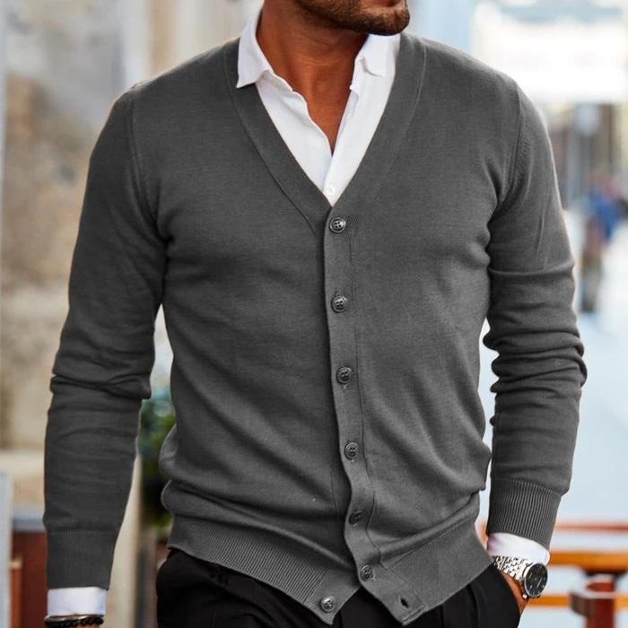 Men's Cardigan - Casual V-Neck Cardigan with Buttons