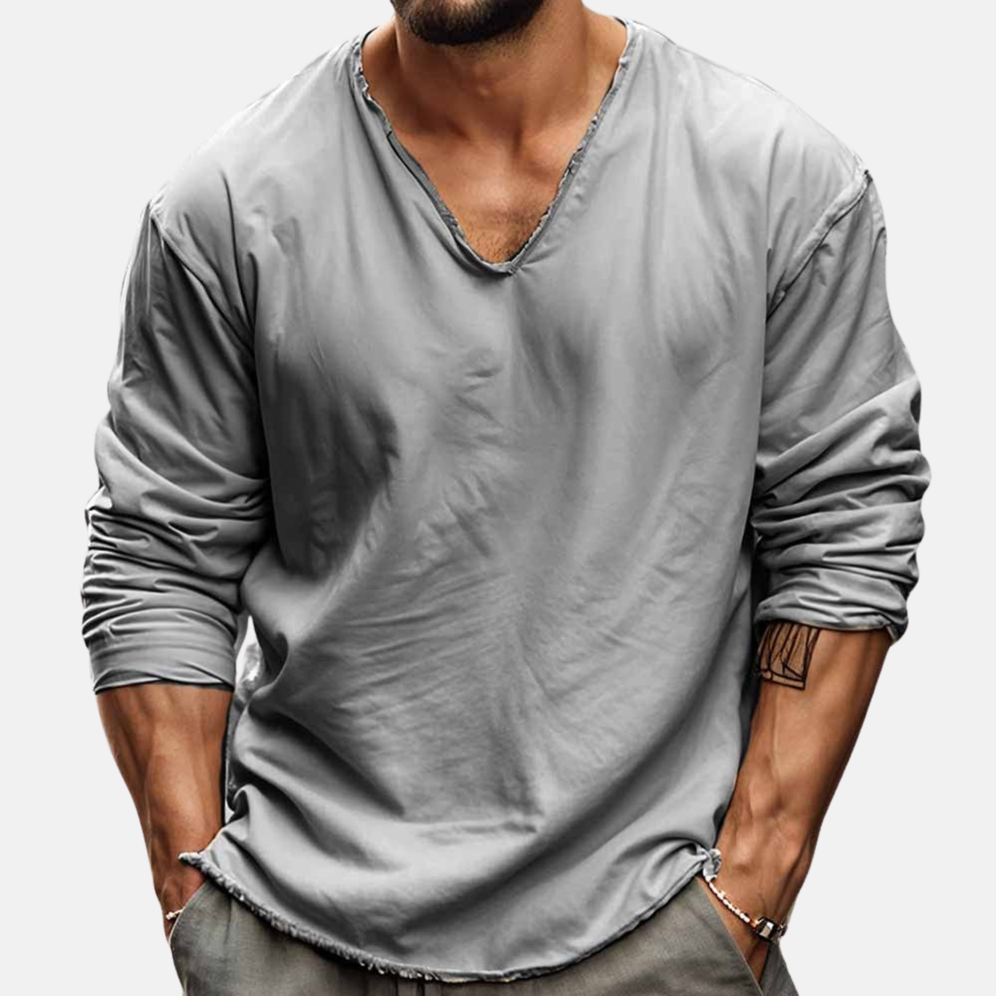 Men's Long Sleeve V-Neck Shirt – Loose Fit Summer Essential in Lightweight Cotton