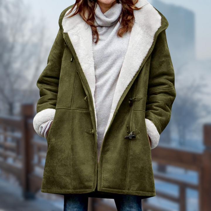 Women's Stylish Long Fleece Lined Winter Jacket with Hood & Toggle Closure