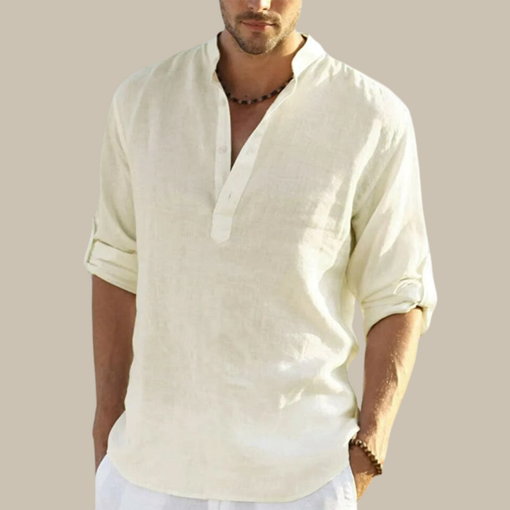 Men's Classic V-Neck Shirt with Stylish Mandarin Collar for Summer Wear