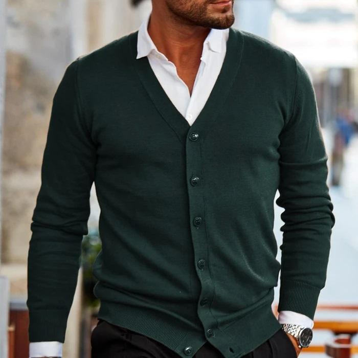 Men's Cardigan - Casual V-Neck Cardigan with Buttons