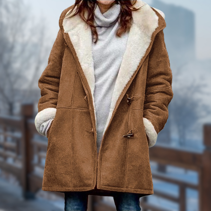 Women's Stylish Long Fleece Lined Winter Jacket with Hood & Toggle Closure