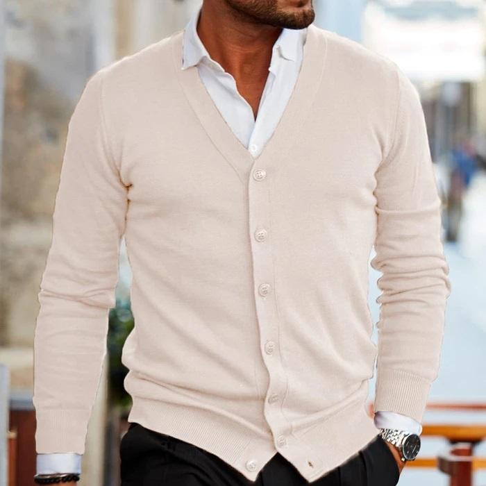 Men's Cardigan - Casual V-Neck Cardigan with Buttons