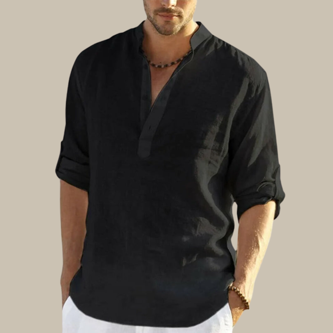 Men's Classic V-Neck Shirt with Stylish Mandarin Collar for Summer Wear