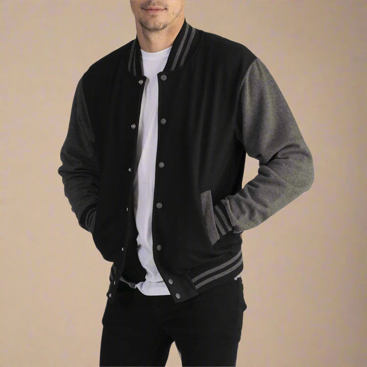 Men's Sportive Mid-season Varsity Bomber Jacket With Button Closure