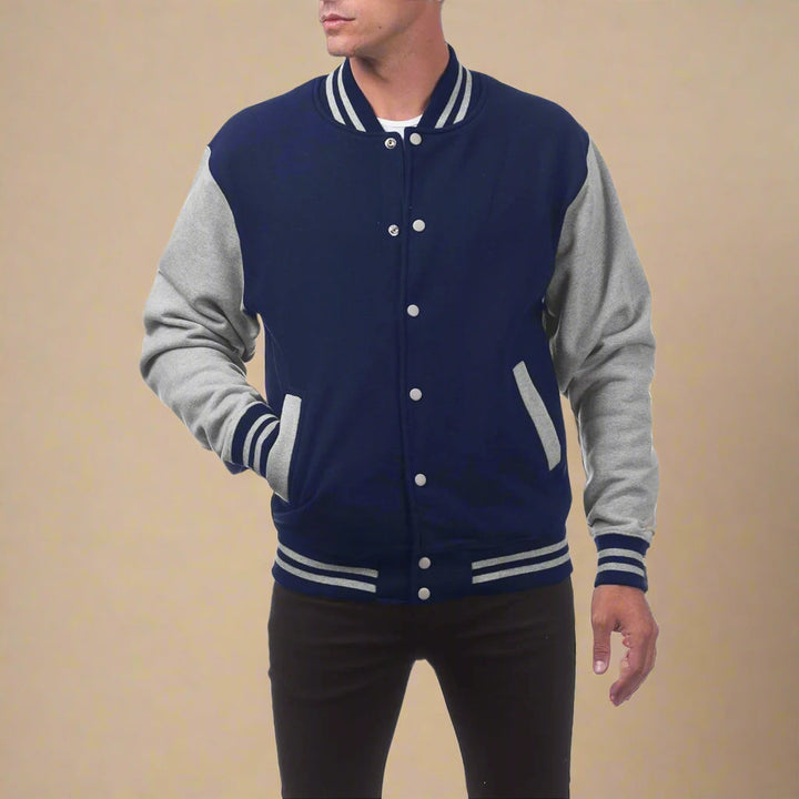 Men's Sportive Mid-season Varsity Bomber Jacket With Button Closure
