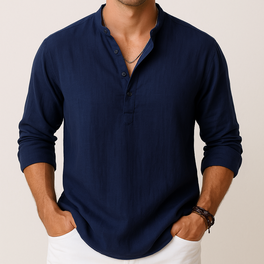 Men's Linen Look Summer Shirt – Lightweight V-Neck Shirt for Summer