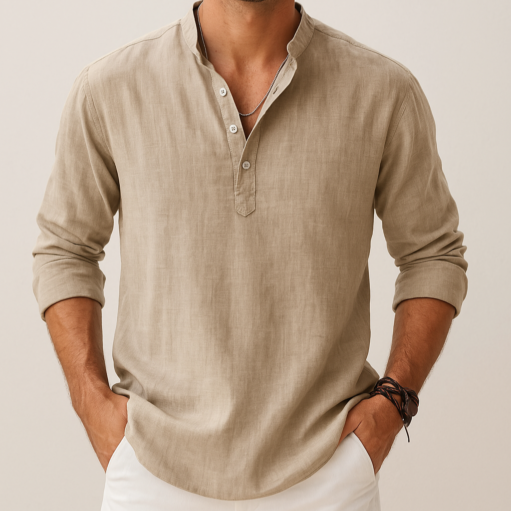 Men's Linen Look Summer Shirt – Lightweight V-Neck Shirt for Summer