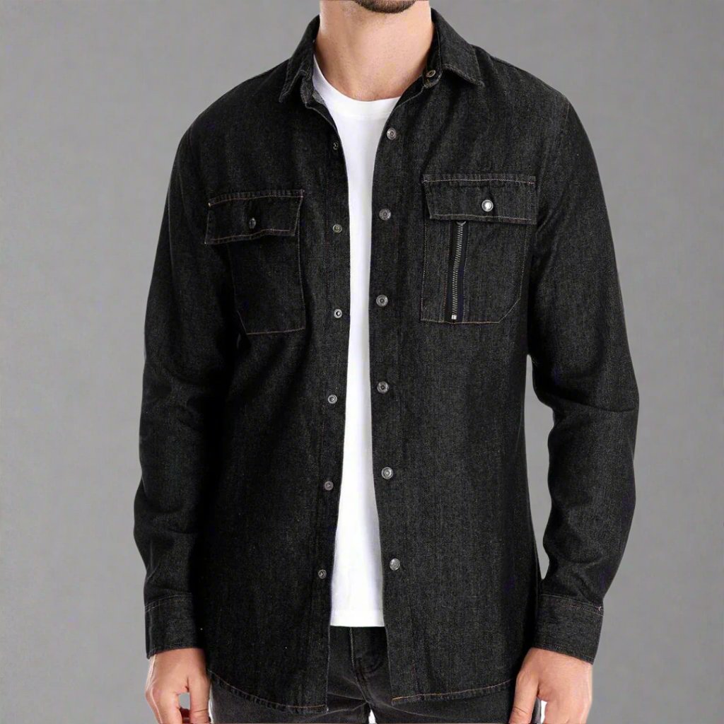 Casual Denim Shirt With Pockets - Men's - Black