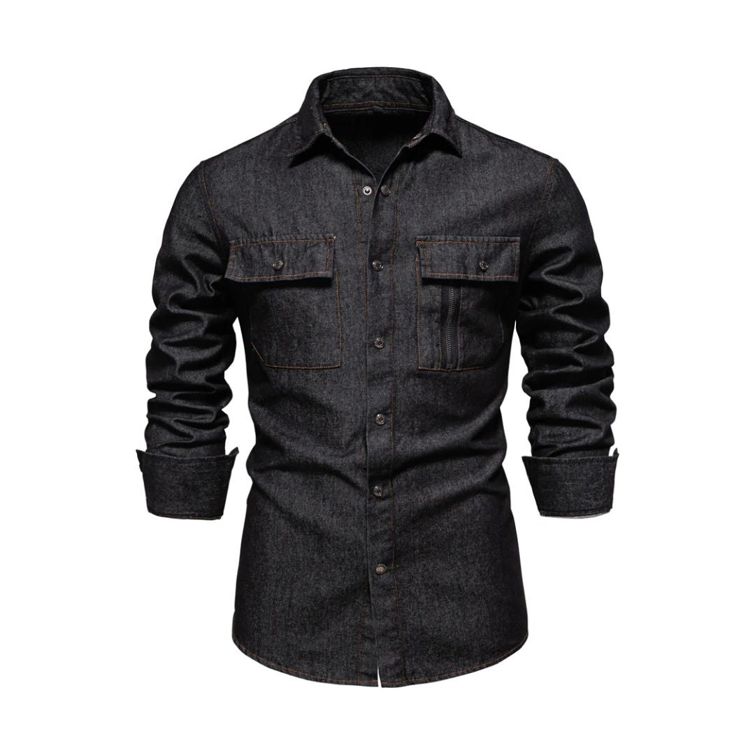 Casual Denim Shirt With Pockets - Men's - Black