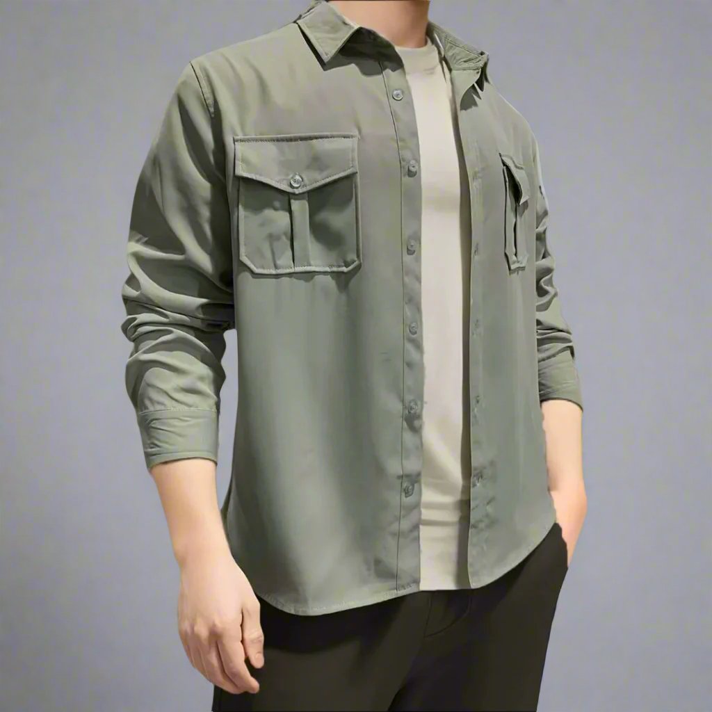 Classic Cotton Multi-pocket Shirt in Olive green