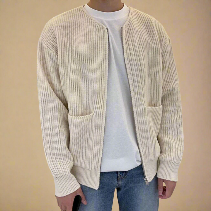 Men's Cardigan - Oversized Ribbed Knitted Cardigan with Zipper