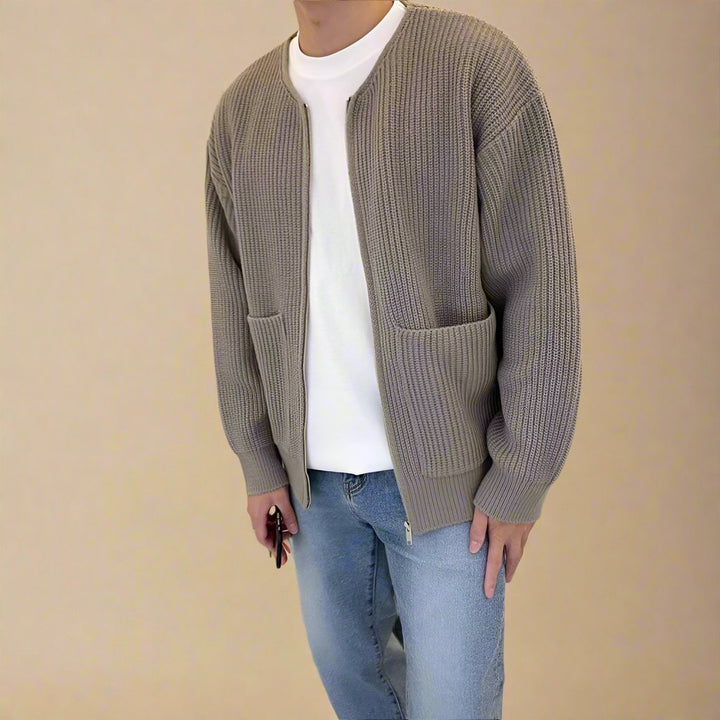 Men's Cardigan - Oversized Ribbed Knitted Cardigan with Zipper