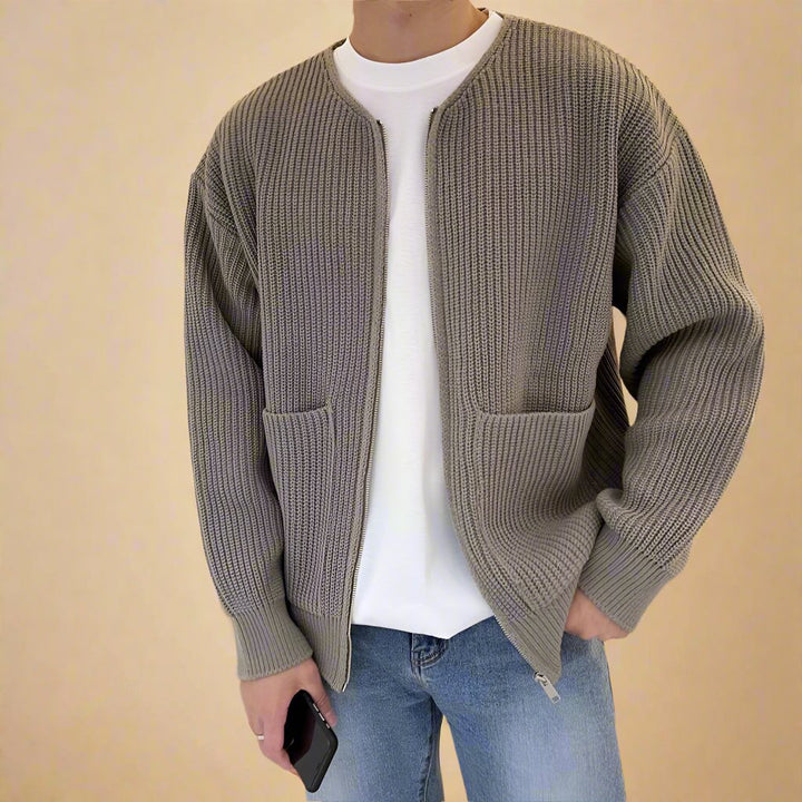 Men's Cardigan - Oversized Ribbed Knitted Cardigan with Zipper