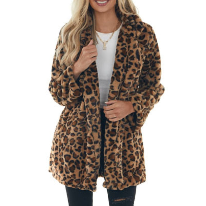 Women's Leopard Print Faux Fur Coat - Cozy & Chic Statement Outerwear for Fall & Winter