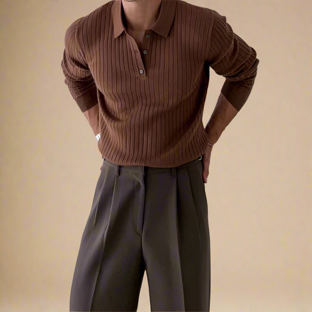 Men's Knitted Polo Shirt - Luxurious Cable Knit Polo with Buttons