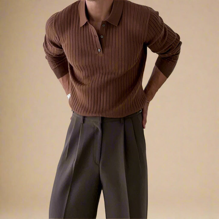 Men's Knitted Polo Shirt - Luxurious Cable Knit Polo with Buttons