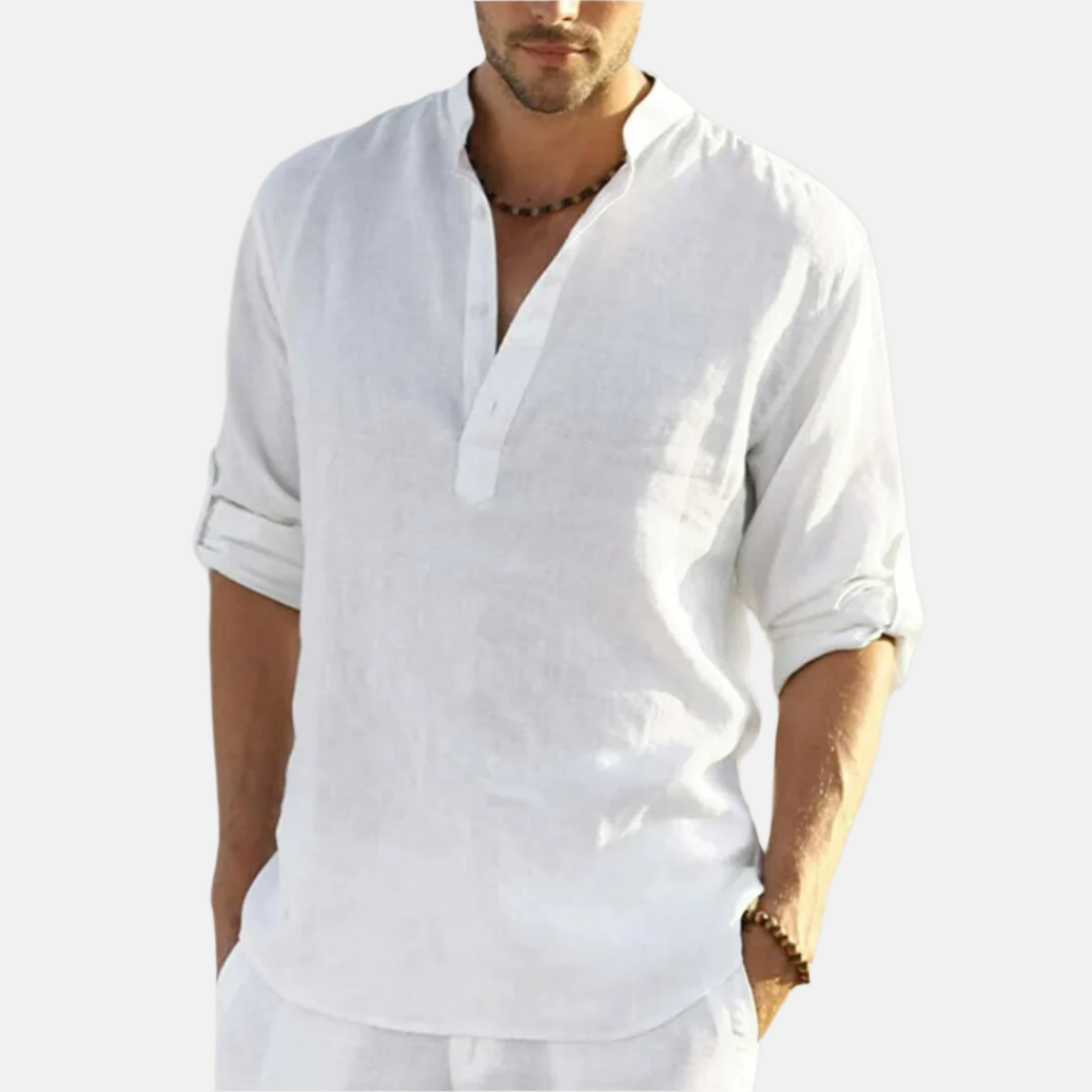 Men's Classic V-Neck Shirt with Stylish Mandarin Collar for Summer Wear