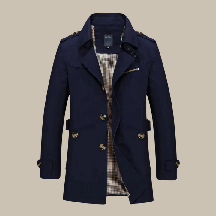 Men's Long Coat - Classic Trenchcoat with High Collar and Buttons