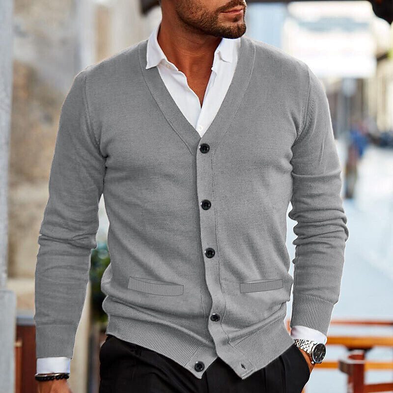 Men's Cardigan - Casual V-Neck Cardigan with Buttons