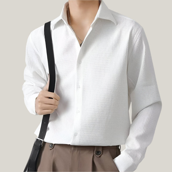 Men's Long Sleeve Shirts - Classic White Waffle Texture Shirt