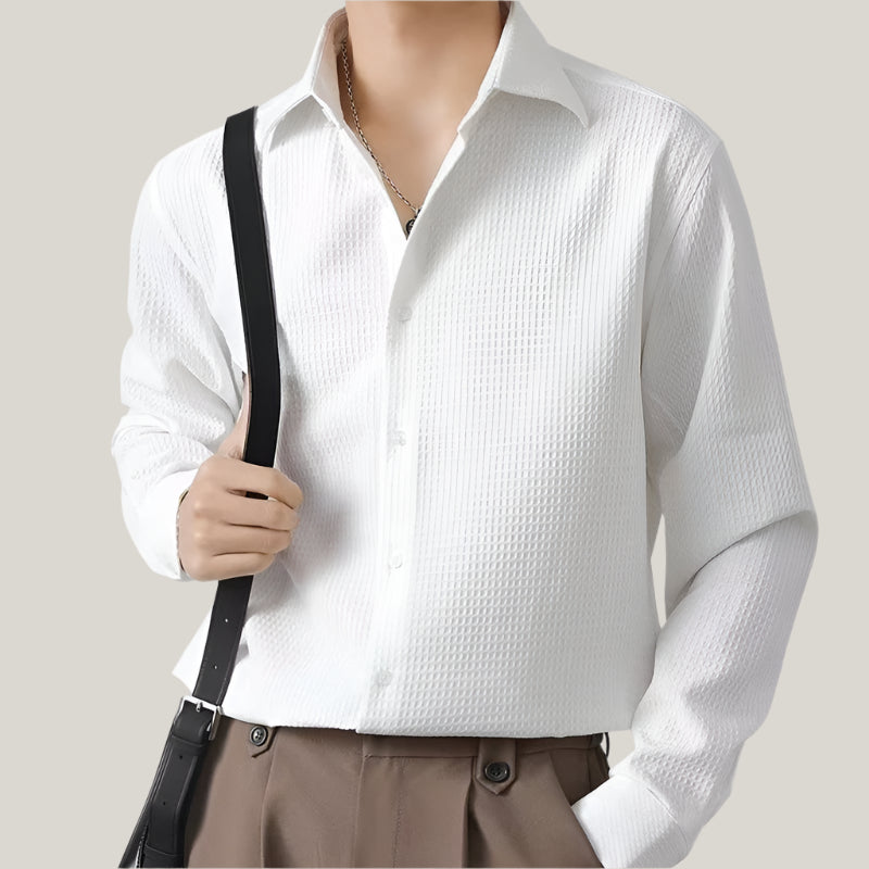 Sebastian Textured Shirt | Classic White Long Sleeve Shirt with Waffle Texture for Men