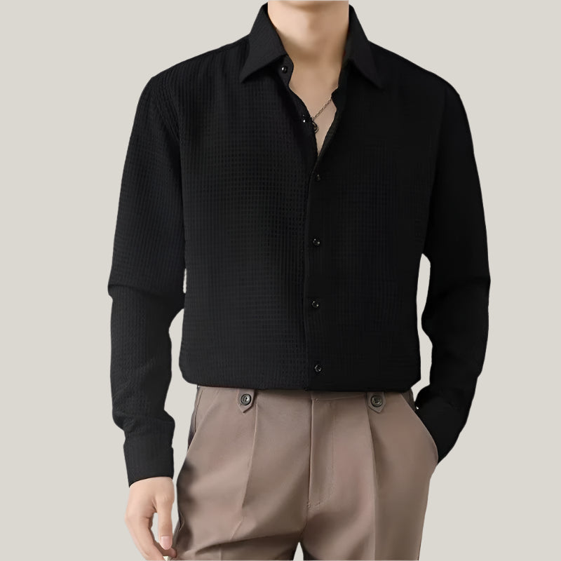 Sebastian Textured Shirt | Classic White Long Sleeve Shirt with Waffle Texture for Men