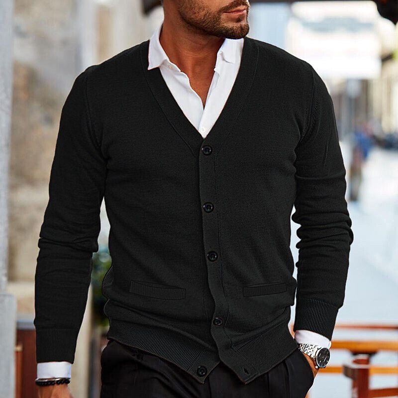 Men's Cardigan - Casual V-Neck Cardigan with Buttons