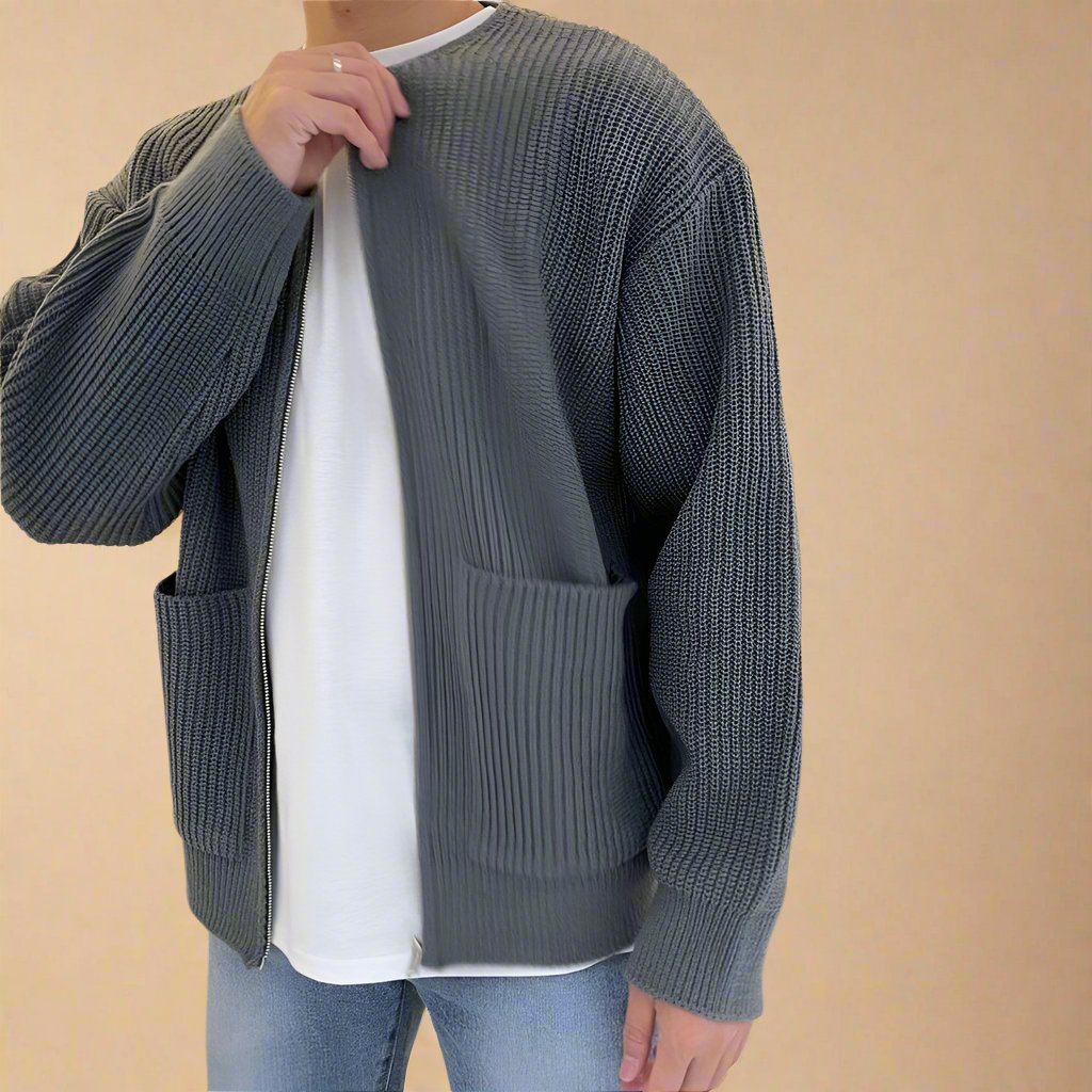 Men's Cardigan - Oversized Ribbed Knitted Cardigan with Zipper
