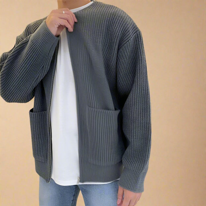 Men's Cardigan - Oversized Ribbed Knitted Cardigan with Zipper