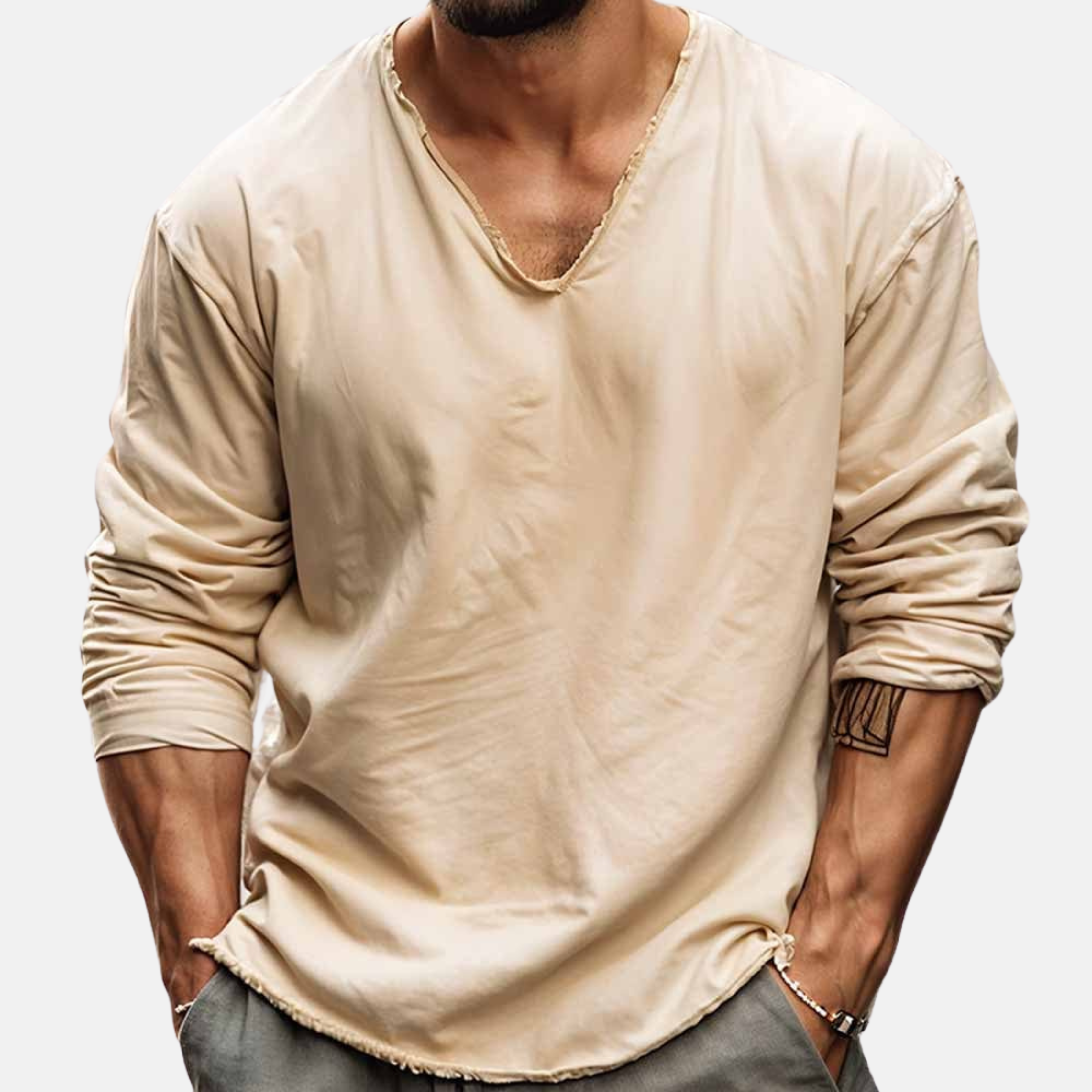 Men's Long Sleeve V-Neck Shirt – Loose Fit Summer Essential in Lightweight Cotton