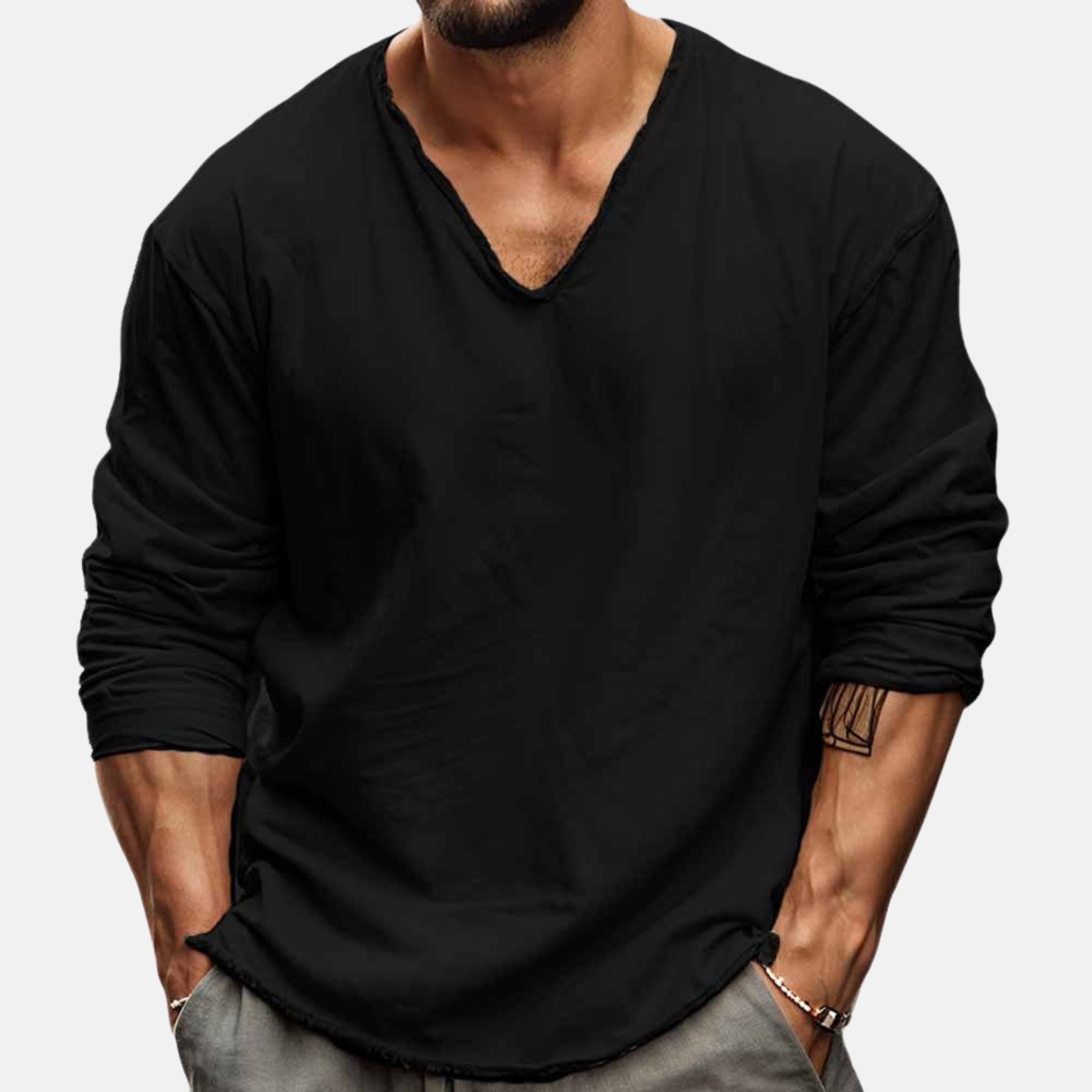 Men's Long Sleeve V-Neck Shirt – Loose Fit Summer Essential in Lightweight Cotton