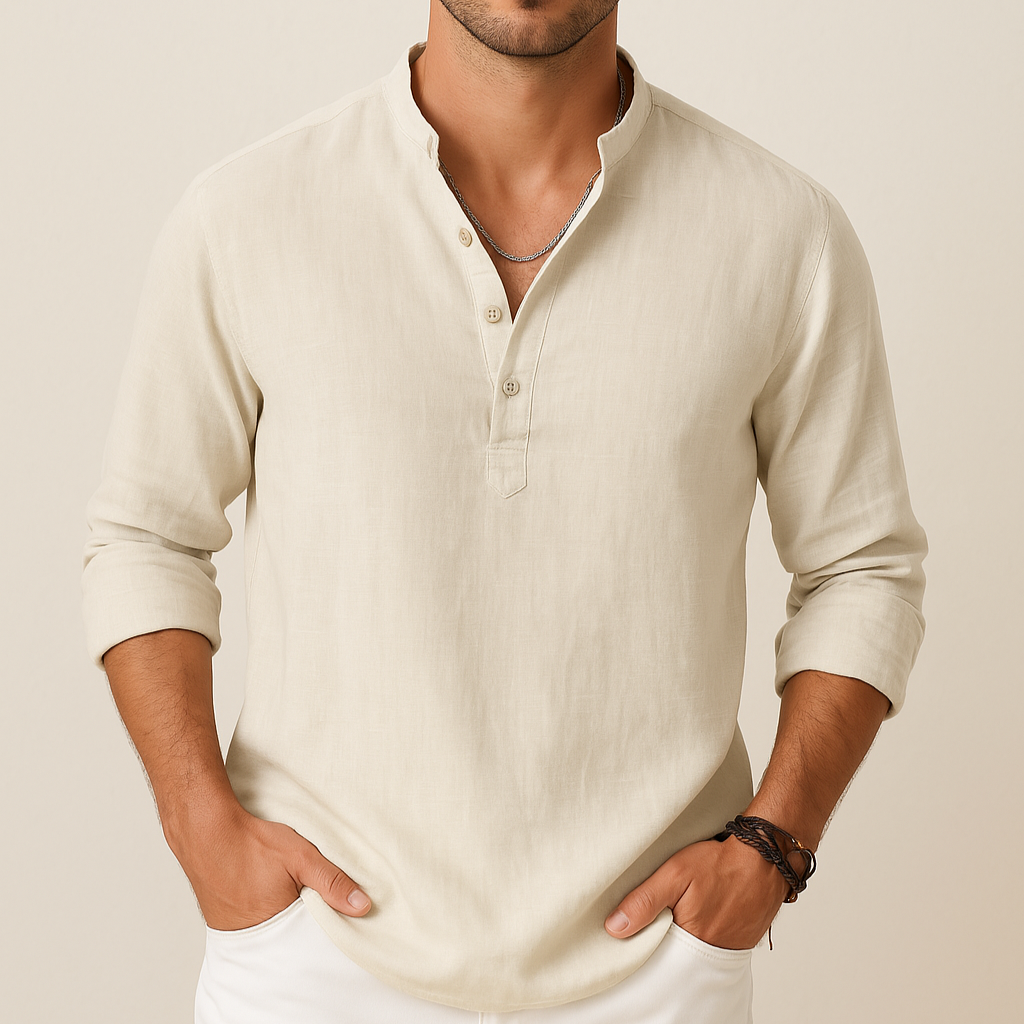 Men's Linen Look Summer Shirt – Lightweight V-Neck Shirt for Summer