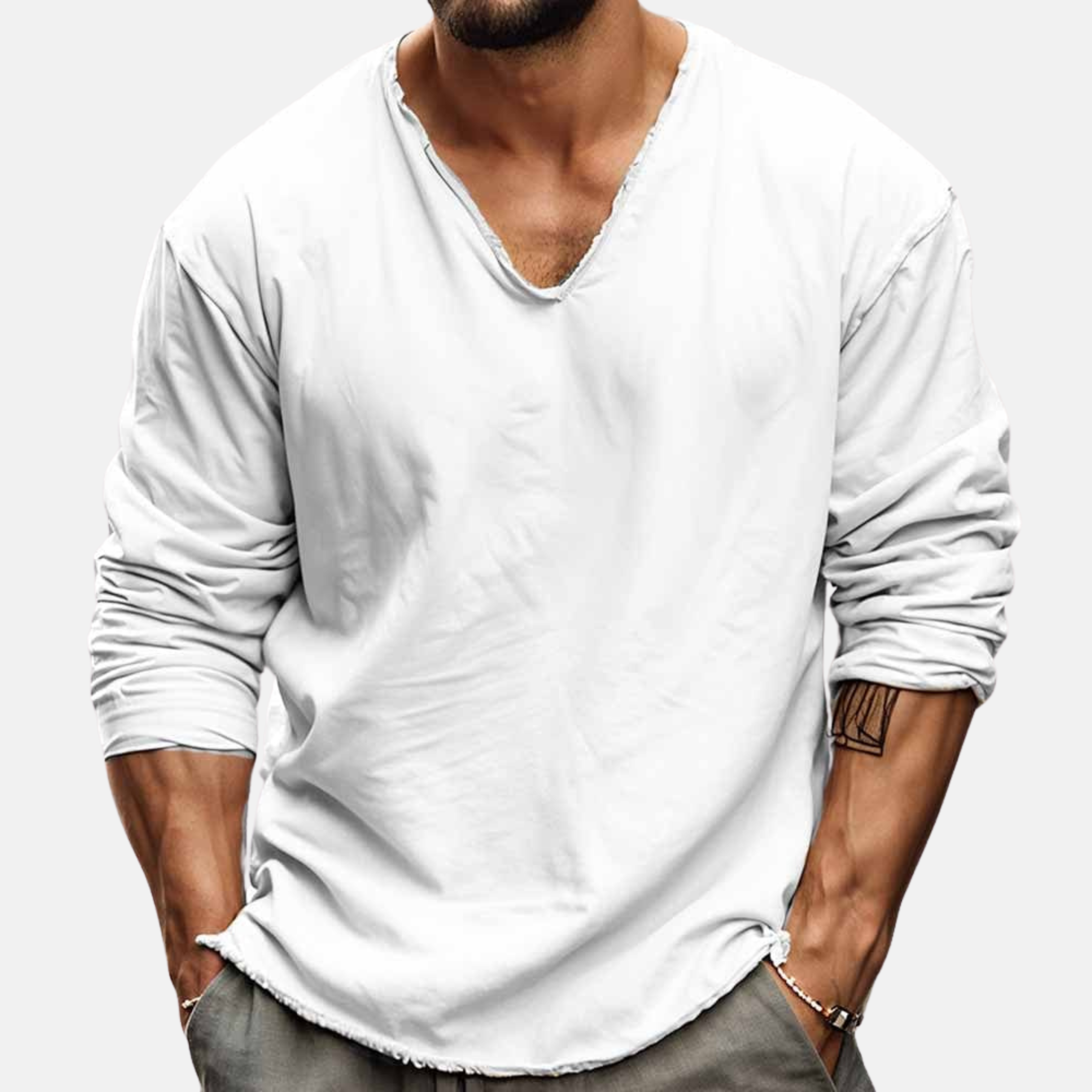 Men's Long Sleeve V-Neck Shirt – Loose Fit Summer Essential in Lightweight Cotton