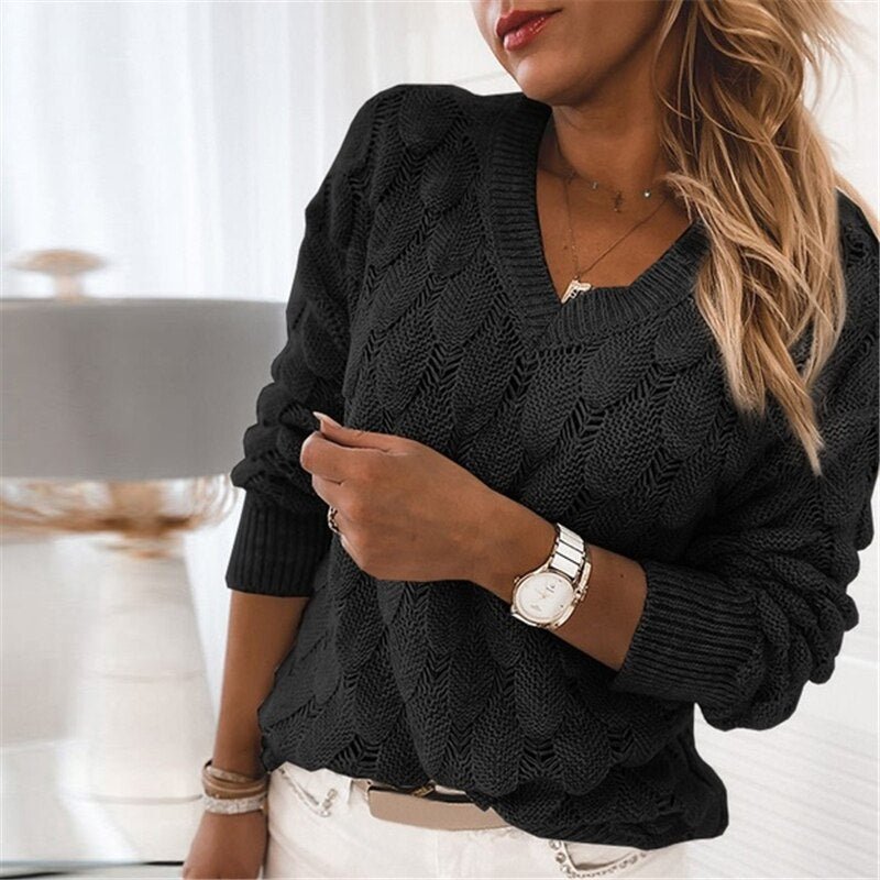 Cozy Women's V-Neck Leaf Sweater - Perfect for Fall & Winter Layers