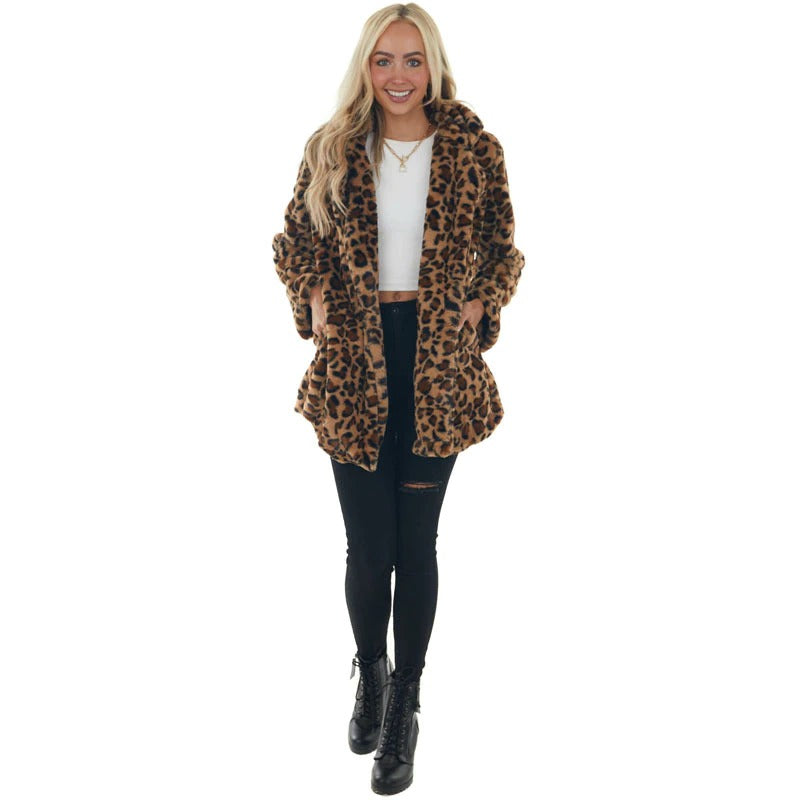 Women's Leopard Print Faux Fur Coat - Cozy & Chic Statement Outerwear for Fall & Winter